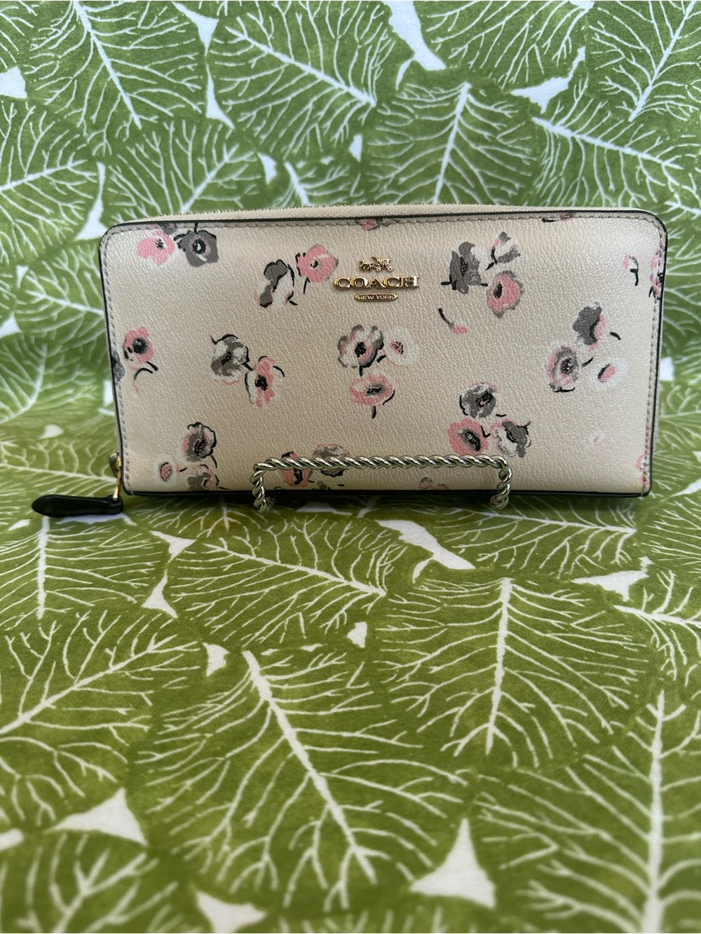 Coach Cream Floral Zip-Around Wallet with Pink Accents